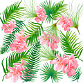 Pink Frangipani and Fern Leaves